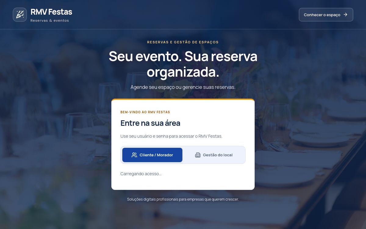 Tela inicial do RMV Festas para reservas e eventos