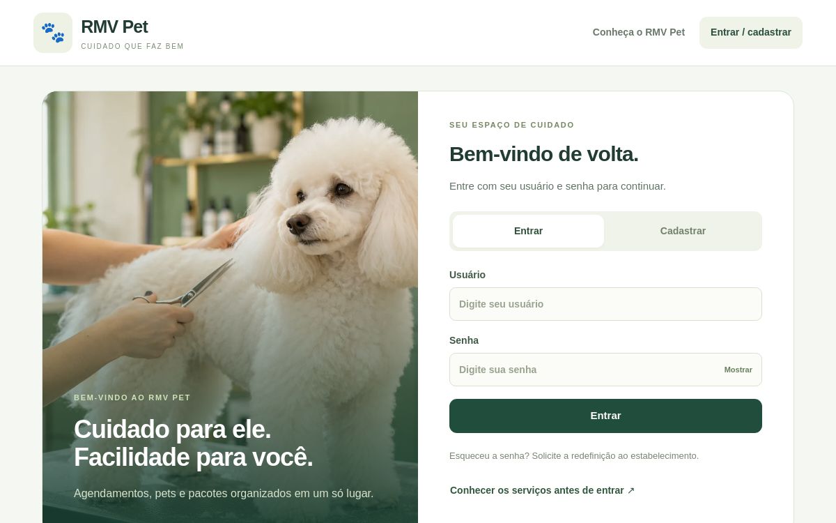 Tela inicial do RMV Pet para banho, tosa e cuidados